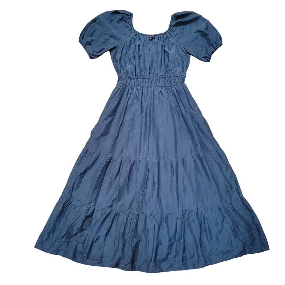 Vineyard Vines M Maxi Dress Blue Silk Puff Sleeve‎ Smocked Tiers Peasant Boho